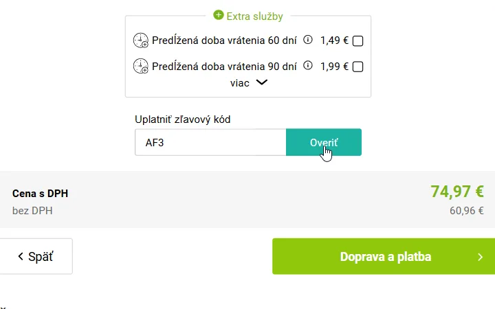 Pole Uplatniť zľavový kód s tlačidlom Overiť v košíku 4home.sk