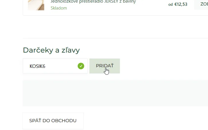 Časť Darčeky a zľavy v košíku Benlemi s vpísaným kódom a tlačidlom Pridať