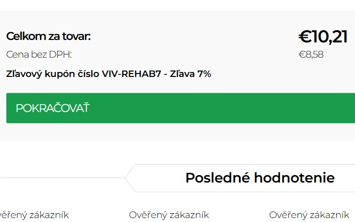 Riadok so zľavovým kupónom a nižšia suma Celkom za tovar v košíku rehabilitacnepomocky.sk