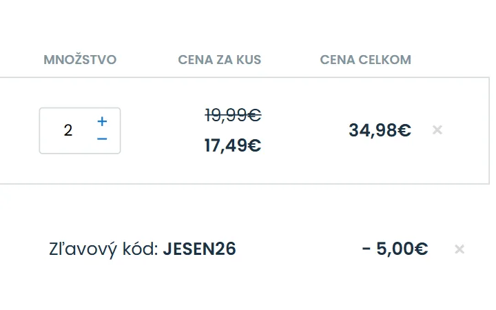 Riadok Zľavový kód s odpočtom 5,00 € a prečiarknutá cena za kus v košíku GSKlub