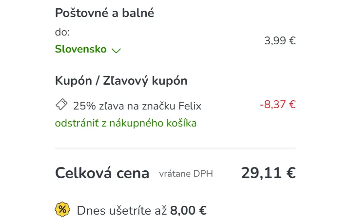Zľava 8,37 € v riadku 25% zľava na značku Felix a celková cena 29,11 € v košíku Zoohitu