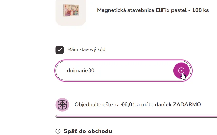 Zaškrtnuté políčko Mám zľavový kód a pole na kód v košíku Elis Design