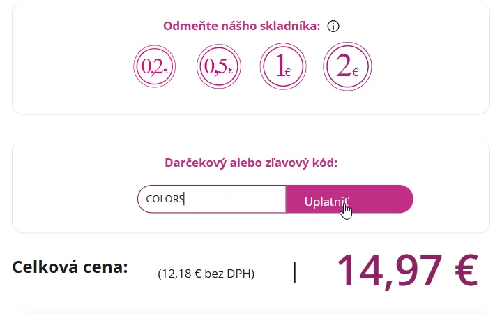 Kód vpísaný v poli Darčekový alebo zľavový kód pod mincami pre skladníka v košíku NaniNails