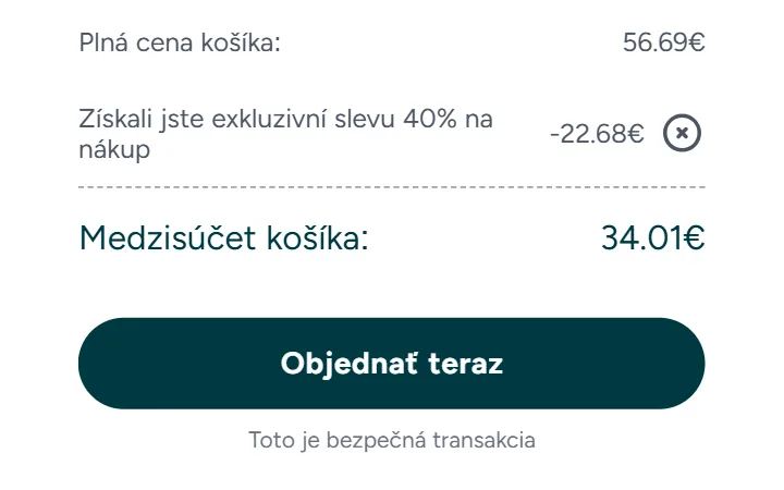 Súhrn košíka Myprotein s riadkom zľavy 40 % a medzisúčtom po zľave