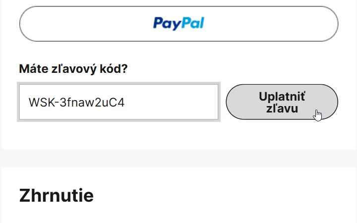 Pole pod nadpisom Máte zľavový kód? a tlačidlo Uplatniť zľavu v košíku Lumories