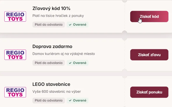 Karta Regio Toys s kódom na 10 % a ruka kurzora na Získať kód, pod ňou doprava zadarmo a LEGO