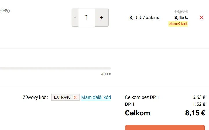 Riadok Zľavový kód s uplatneným kódom a nižšia cena v košíku Nazuby.eu