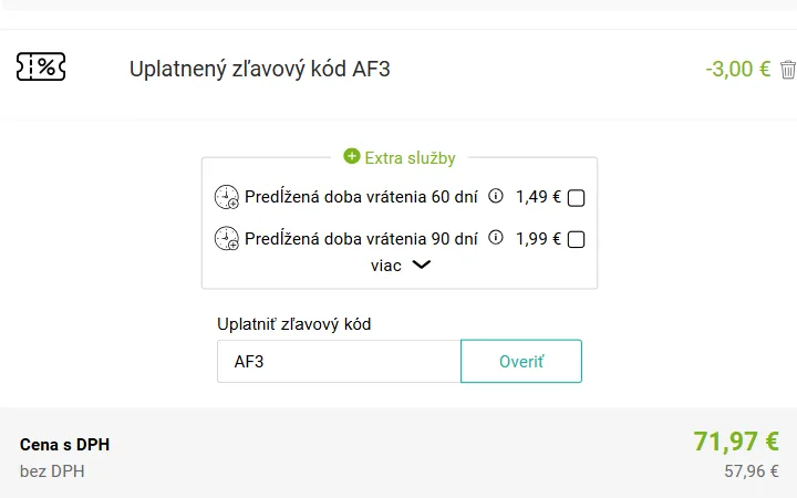 Riadok s uplatneným kódom a odpočítanými 3 € nad poľom na kód v košíku 4home.sk