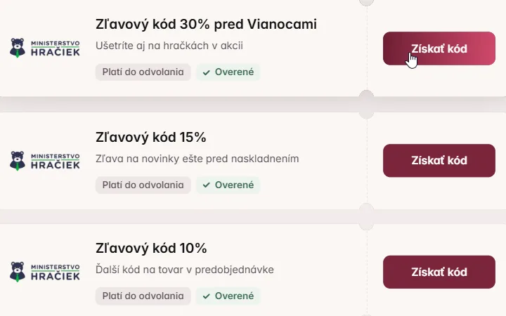 Kurzor na Získať kód pri karte Ministerstva hračiek s 30 % pred Vianocami, pod ňou kódy na novinky a predobjednávky