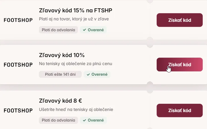Kurzor na tlačidle Získať kód pri desaťpercentnej zľave pre Footshop