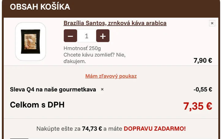 Riadok so zľavou 0,55 € nad sumou Celkom s DPH v súhrne objednávky GourmetKavy