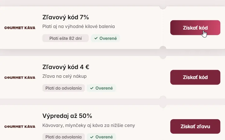 Ruka myši mieri na Získať kód vedľa karty so 7 % na kávu GourmetKava