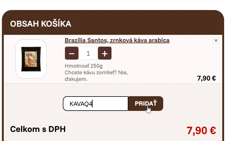 Kód vpísaný do poľa vedľa tlačidla Pridať v košíku GourmetKavy