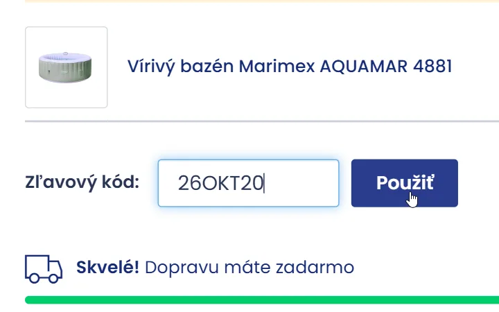 Pole Zľavový kód s tlačidlom Použiť pod vírivkou v košíku Marimexu
