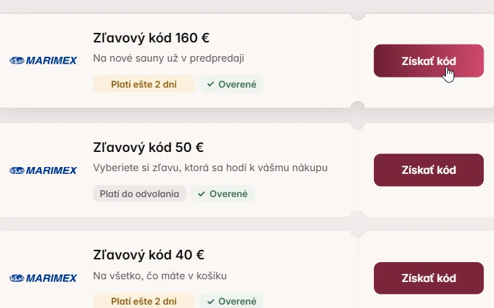 Karty zľavových kódov Marimex s tlačidlom Získať kód