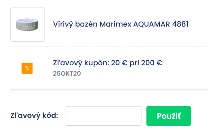 Riadok Zľavový kupón 20 € s názvom kódu pod vírivým bazénom v košíku Marimexu