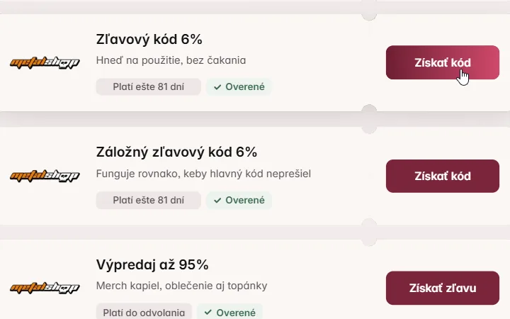 Kurzor nad šesťpercentnou kartou Metalshopu so záložným kódom pod ňou