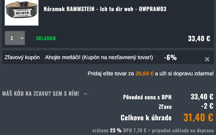 Riadok Zľavový kupón so šiestimi percentami a nižšia suma Celkovo k úhrade v metalovom e-shope