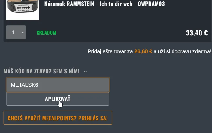 Kód vpísaný v poli nad tlačidlom Aplikovať v košíku Metalshopu