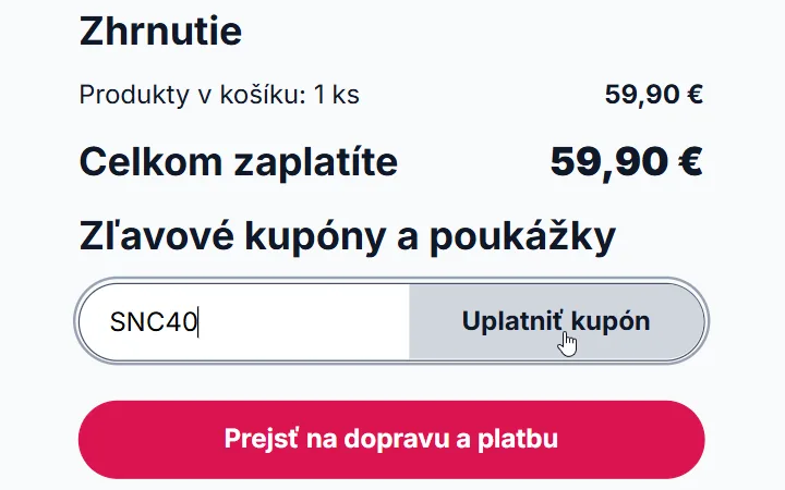 Zhrnutie košíka Sencor s vpísaným kódom pred potvrdením