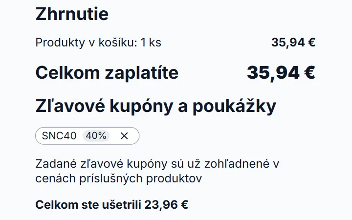 Štítok uplatneného kódu so zľavou 40 % v zhrnutí košíka Sencor