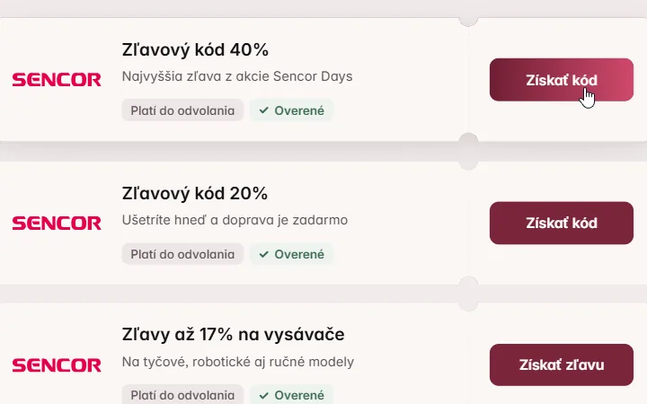 Kupóny Sencor na overenekody.sk, kurzor na tlačidle Získať kód pri kóde 40 %
